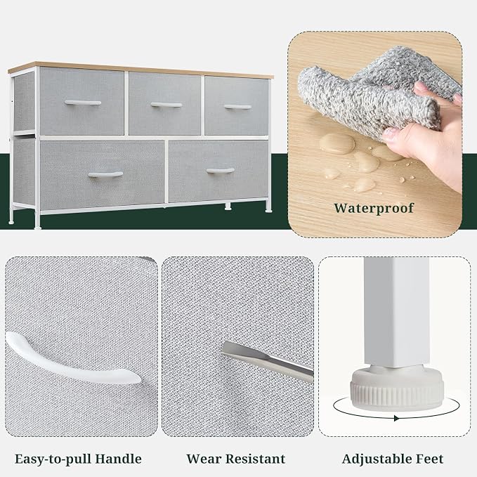 5-Drawer Dresser for Bedroom, Anti-Tip Wide Storage Organizer Fabric | Chest of Drawers TV Stand for 45" TV with Wooden Top and Metal Frame for Closet, Living Room, Hallway, Entryway, Light Gray