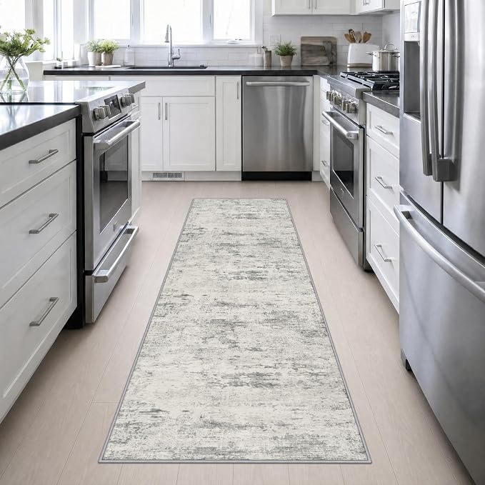 2.6x10 Washable Runner Rug:Modern Abstract Indoor Soft Carpet Gray | For Hallway, Bedroom, Kitchen, Laundry, Bathroom,Door Mat,Modern Abstract,Machine washable,Non-Slip,Stain Resistant,Indoor
