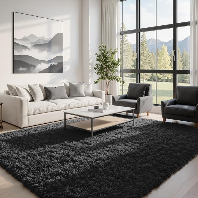 8x10 Fluffy Shag Area Rugs for Living Room Bedroom: Soft Plush Carpet Black | Upgraded Non-Slip Thick Memory Foam, Ultra Soft, Non-Shedding Fuzzy Carpet, Easy Clean Decor for Kids Room, Nursery, Playroom