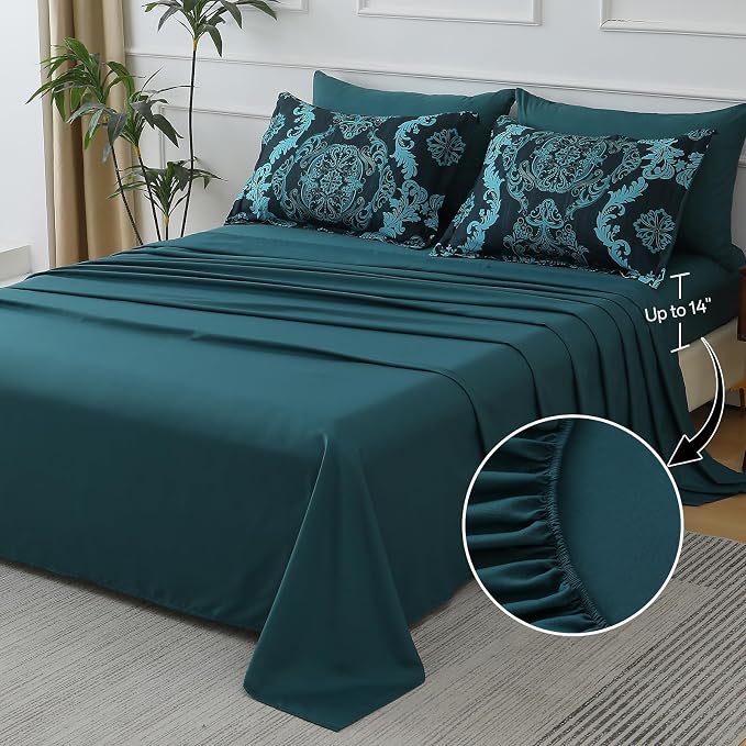 WONGS BEDDING 7 Piece Queen Comforter Set, Teal Texture Breathable Microfiber Comforter Bedding Set for All Season, Damask Bed in a Bag with Comforter, Flat Sheet, Fitted Sheet, Pillowcases & Shams