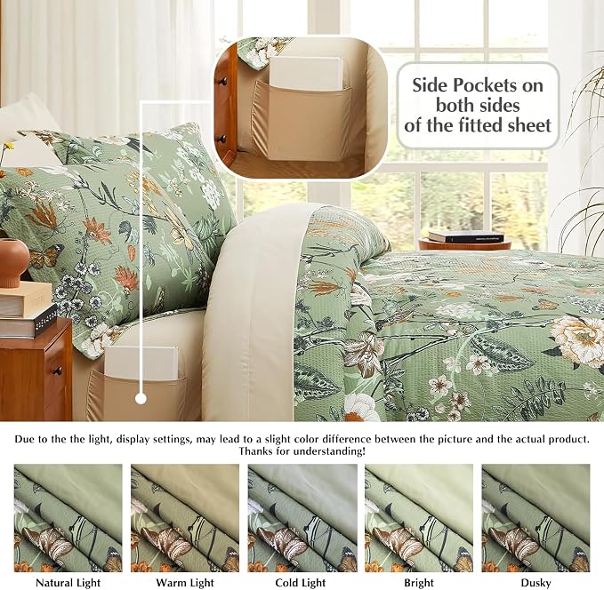 Full Size Comforter Sets - 7 Pieces Floral Bed in a Bag Full Bedding Set | Green Botanical Texture Flowers Comforter Set with Sheets, Pillowcases & Shams for All Seasons