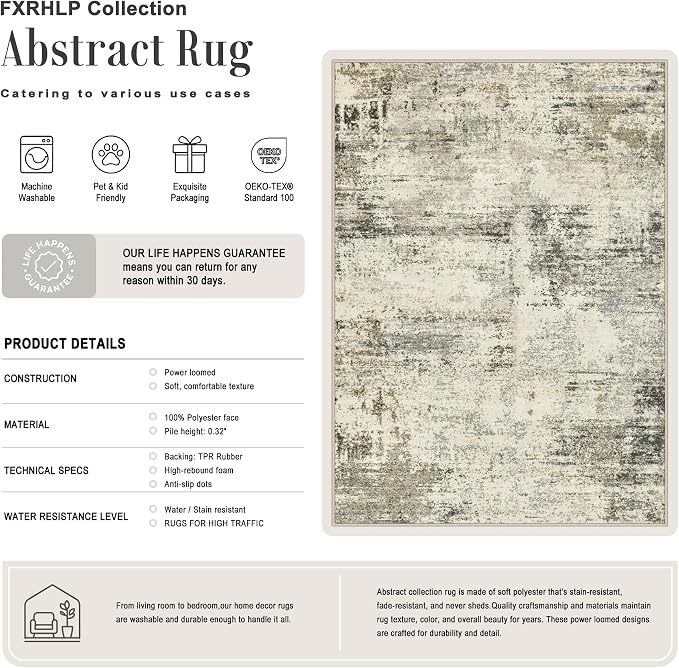 9x12 Area Rug Living Room: Modern Washable Soft Carpet Ash Brown | For Bedroom Dining Room Farmhouse Nursery Hallway Office,Modern Abstract,Machine washable,Non-Slip,Stain Resistant,Indoor