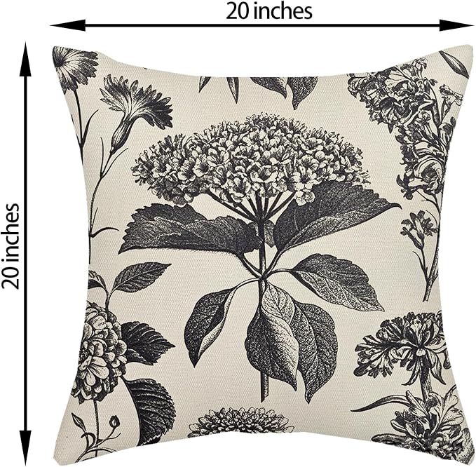 Black Pillow Covers 20x20 Inch 2 Pcs Boho Vintage Floral Decor Throw Pillows Hydrangea Flower Seasonal Outdoor Farmhouse Neutral Accent Decoration Pillowcase Linen Cushion Cover for Couch