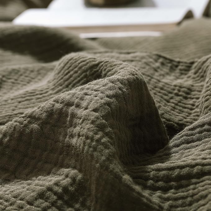 mixinni Olive Green Waffle Weave Duvet Cover Set King, 3-Piece 100% Natural Washed Cotton Triple-Layer Gauze Solid Bedding Set, Soft Breathable Minimalist Comforter Cover with Zipper & Ties-King