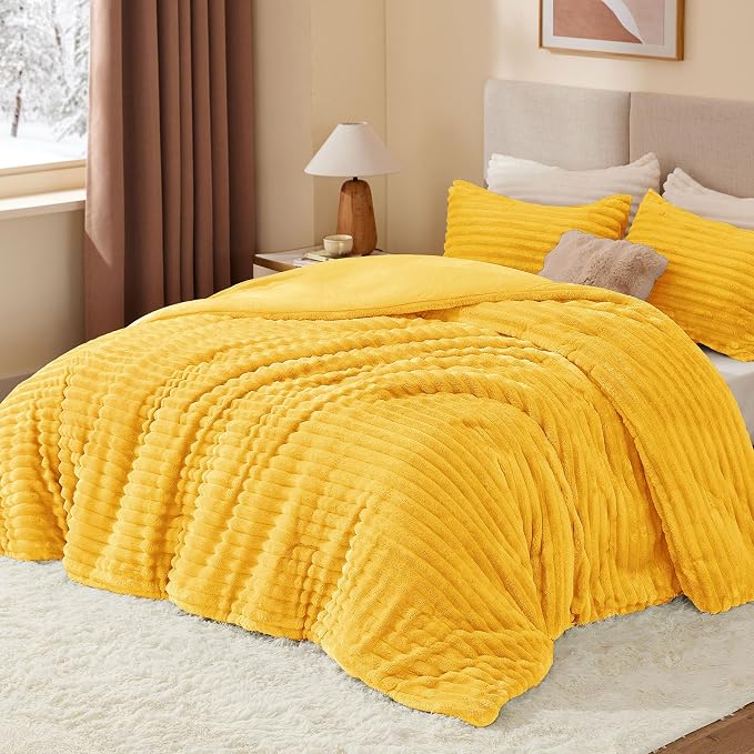 BEDELITE Fleece Twin/Twin XL Comforter Set, Fluffy Bed Set, Bright Yellow | Super Soft & Warm Bedding, Luxury Fuzzy Faux Fur Comforter for Winter, Heavy Plush Bedding, with 1 Pillowcase