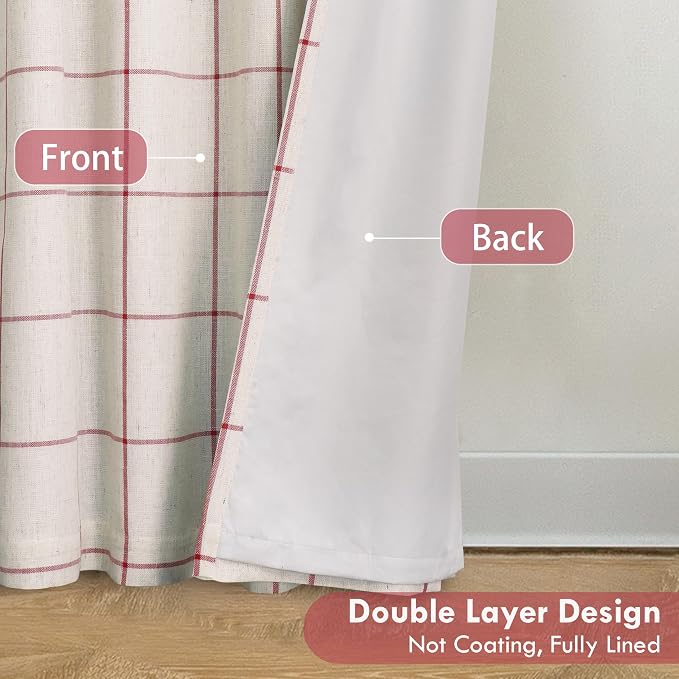 DriftAway 100% Blackout Plaid Linen Curtains 72 Inches Long 2 Panels Red | 100% Blackout, Linen Texture, Plaid Pattern, Two Layers, Rod Pocket & Back Tab, Bedroom Living Room Use, Luxury Appearance