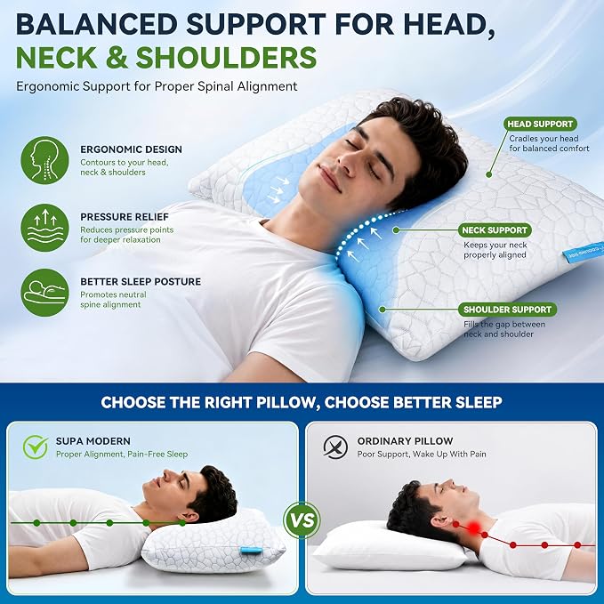 SUPA MODERN Cooling Bed Pillows for Sleeping 2 Pack Shredded Memory Foam Pillows Adjustable Pillow for Side Back Stomach Sleepers Luxury Gel Pillows Queen Size Set of 2 with Washable Removable Cover
