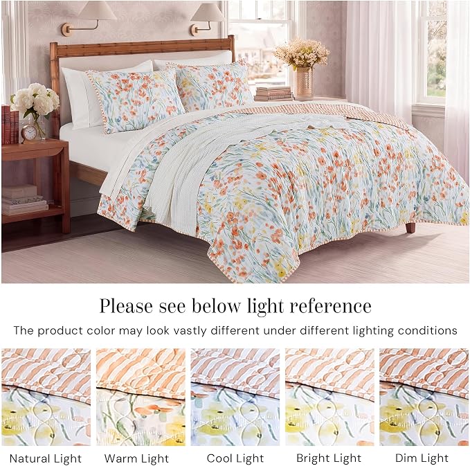Twin/Twin XL Quilt Set-2 Pieces Soft Bedding Floral Reversible Coverlet | All Seasons Lightweight Quilts Queen Size for Bed, Breathable Vintage Bedspread with Sham, Orange Floral