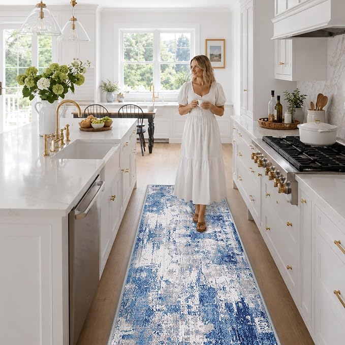 RELEANY Washable Runner 2'x6' Abstract Area Rug for Hallway Blue Gray | Carpet for Kitchen, Entryway, Bathroom, Living Room, Bedroom, Printed Pattern, Non‑Slip, Soft, Stain‑Resistant, Easy to Clean