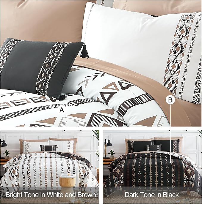 King Size Comforter Set - 7 Pieces Western Bedding Reversible Bed in a Bag | Boho Bedding, All Season Aztec Bed Set with Comforter, Sheets, Pillowcases & Shams, Brown