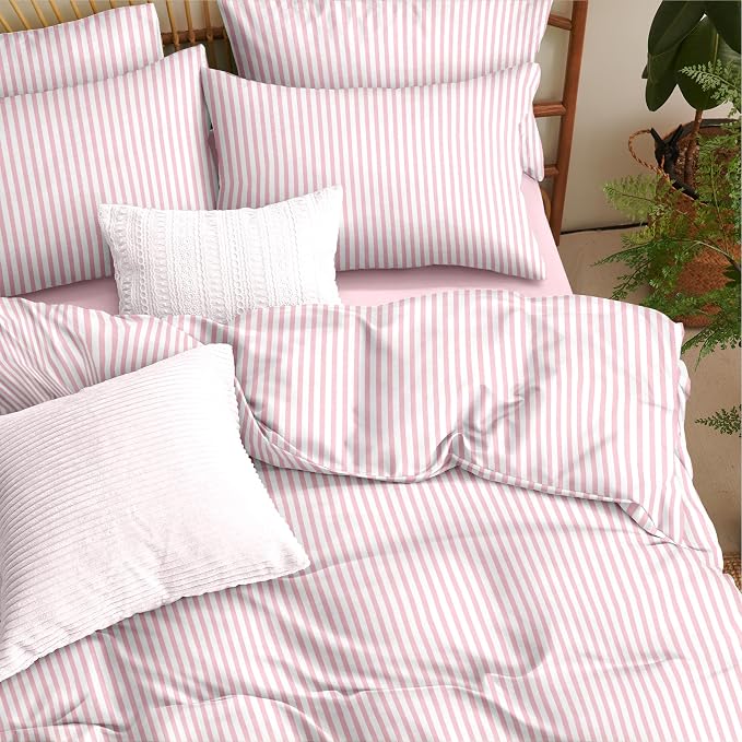 Nayoroom Pink White Striped Duvet Cover Set Queen | Coquette Modern Farmhouse, Dorm Bedding, Soft Breathable Washed Microfiber, All-Season Comfort, Hidden Zipper, 4 Corner Ties
