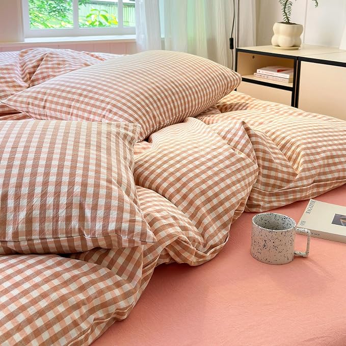 LifeTB Pink Gingham Comforter Set Full Modern Style Pink Plaid Comforter Set 3 Pieces Grid Checkered Pattern Comforter with 2 Pillowcases Fluffy Boho Farmhouse Gingham Bedding Comforter Full