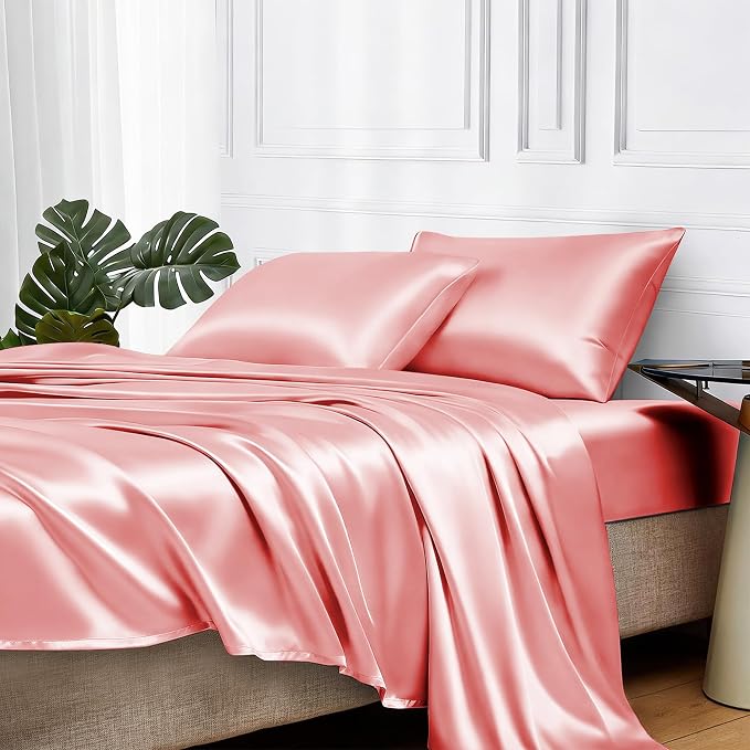 MR&HM Satin Sheets Twin Size with Elastic Corner Straps, Blush | Similar to Silk, 3-Piece Silky Soft Bed Sheet Set, Gentle on Skin and Hair, 15" Deep Pocket, Cooling & Breathable