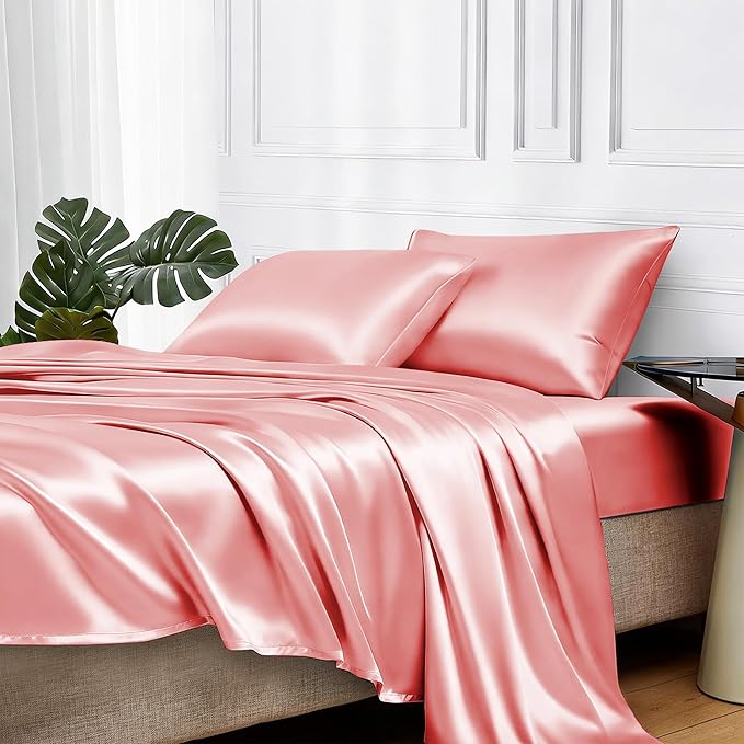 MR&HM Satin Sheets King Size with Elastic Corner Straps, Blush | Similar to Silk, 4-Piece Silky Soft Bed Sheet Set, Gentle on Skin and Hair, 15" Deep Pocket, Cooling & Breathable