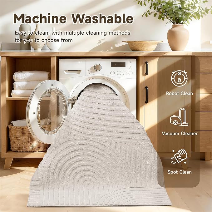 Pauwer 3x6 Area Rugs for Living Room, Modern Non Slip Washable Rug, Beige | Arch Pattern, Soft Fluffy, Neutral, Boho Accent, Solid Color Floor Carpet, For Kids Room Dining Room Nursery Entryway