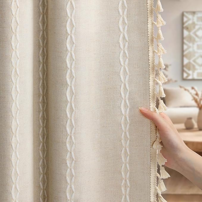Boho 100% Blackout Curtains 63 Inch 2 Panels Linen Blend Beige | Vintage Farmhouse Rod Pocket, White Cotton Embroidery and Tassel, Bedroom, Living Room, Insulation and Room Darkening