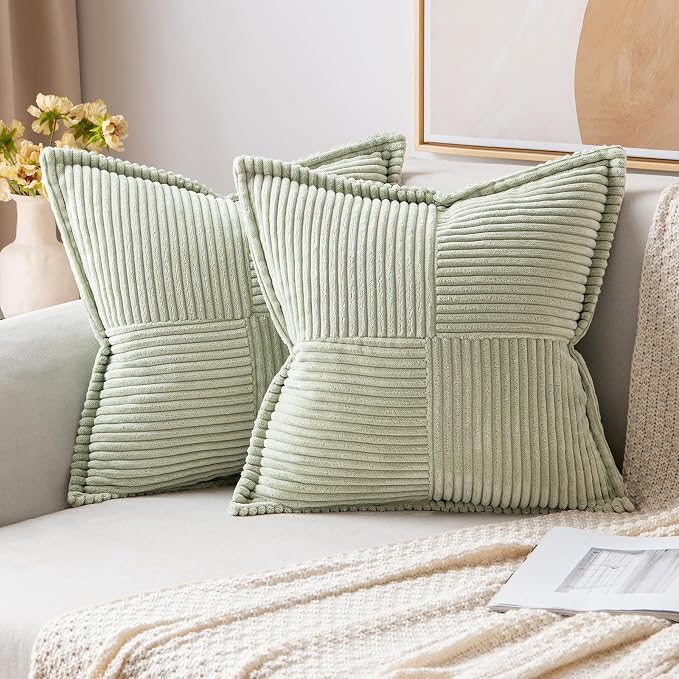 MIULEE Decorative Throw Pillow Covers for Couch 20x20 Inch Light Green | 2 Pack, Boho Broadside Striped Patchwork Pillow Covers, Soft Corduroy Cushion Cases, For Sofa Bed Livingroom Home Decor