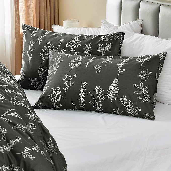 MUXHOMO Duvet Cover Full Size, Reversible Floral Dark Grey Duvet Cover Set with Zipper Closure, 3 Pieces Botanical Patterns Soft Microfiber Bedding Set with 4 Ties (80"x90", 2 Pillow Cases)