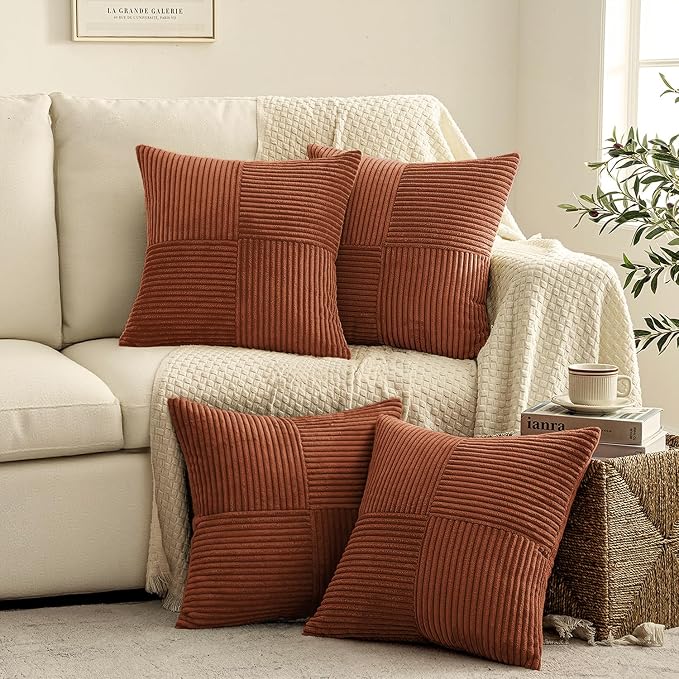 MIULEE Fall Boho Farmhouse Rust Decorative Throw Pillow Covers 18x18 Inch 4 Packs Soft Vintage Pillow Cases Modern Corduroy Patchwork Cushion Covers for Couch Sofa Bed Home Decor, Terracotta