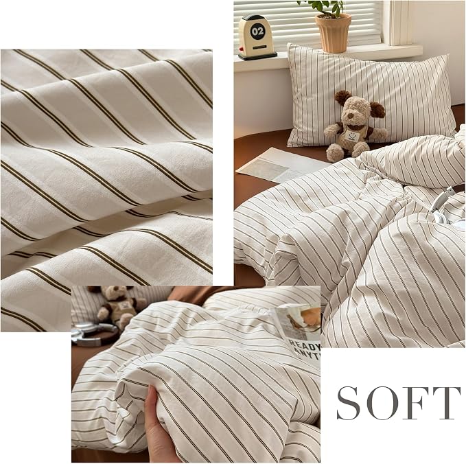 mixinni Vintage Striped Duvet Cover Set King Size, 3 Piece Premium Washed Microfiber Minimalist Beige Brown Stripes Bedding, Neutral Comforter Cover with Hidden Zipper & Corner Ties for Men Women