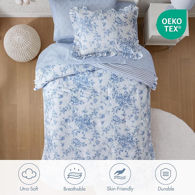 Madison Park Essentials Blue Floral Comforter Set with Sheets Twin XL,5pc | Reversible, Elegant College Dorm Bedding, Ruffle Bed in a Bag, All Season, Machine Washable, Wrinkle Resistant, Ultra Soft