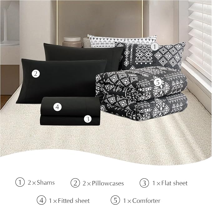 King Size Comforter Set - 7 Pieces Western Bedding Reversible Bed in a Bag | Boho Bedding, All Season Aztec Bed Set with Comforter, Sheets, Pillowcases & Shams, Grey and Black