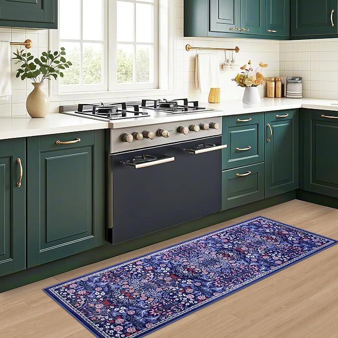 PLHXFR 2x5 Washable Runner Rug：Floral Indoor Kitchen Soft Carpet Blue | For Hallway Bedroom Kitchen Laundry Bathroom Dorm,Vintage Floral,Machine washable,Non Slip,Stain Resistant,Indoor Floor