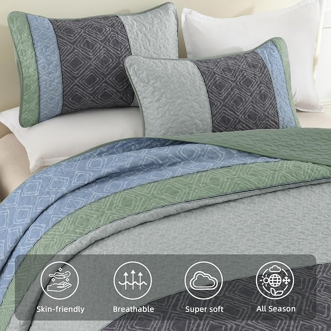 Cottolester Boho Full Quilt Set,Grey Green Striped Plaid Bedspread Coverlet | Lightweight Summer Coverlets Set with 2 PillowShams,All Seasons Microfiber Quilt Bedding Sets for Bedroom Guest Room 78"x90"