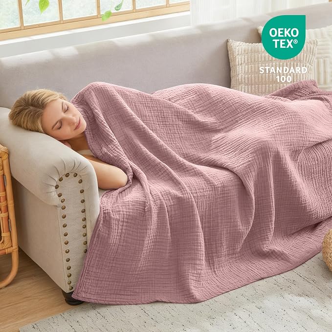 EMME Muslin Blankets for Adults Throw Blanket for Couch Breathable Gauze Soft Lightweight Airy Dusty Pink King 108" x 90"