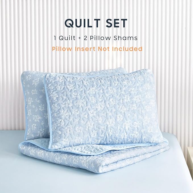 Wake In Cloud - Floral Quilt Set, Coquette Cottagecore Shabby Chic Flower Pattern for Women Teen Girls, Reversible Lightweight Bedspread Coverlet, 3 Pieces, Light Blue, Queen/Full Size