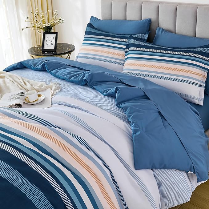 Dobuyly Blue Queen Comforter Set 7 Pieces, Boho Striped Bed in a Bag Queen Size Soft Microfiber All Season Bedding Set with Comforter, Sheets, Pillowcases & Shams