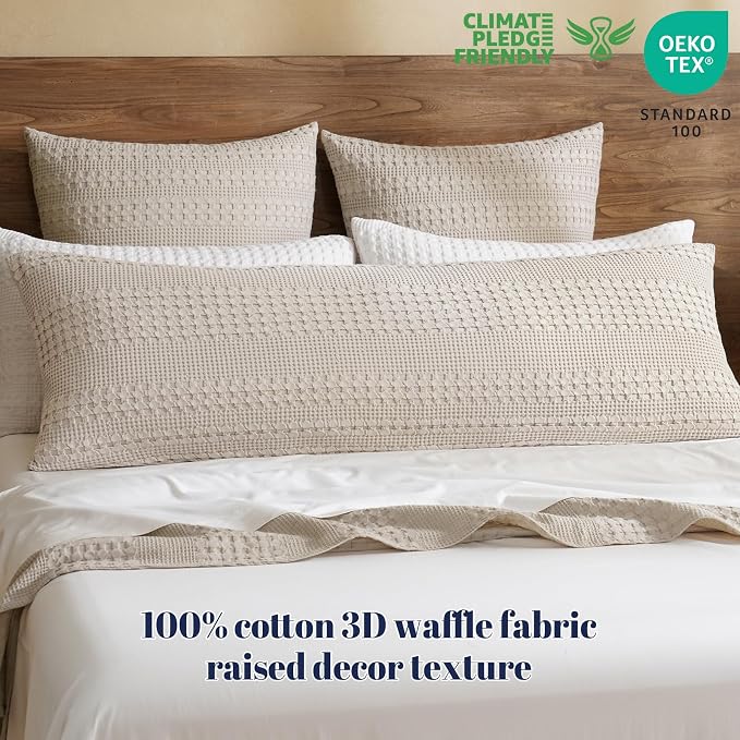 PHF 100% Cotton Waffle Body Pillowcase with Zipper, 1 Pack 20" x 54" Soft Skin-Friendly Pillow Sham, No Filling, Aesthetic Woven and Breathable Waffle Weave Body Pillow Cover for Bed, Oatmeal