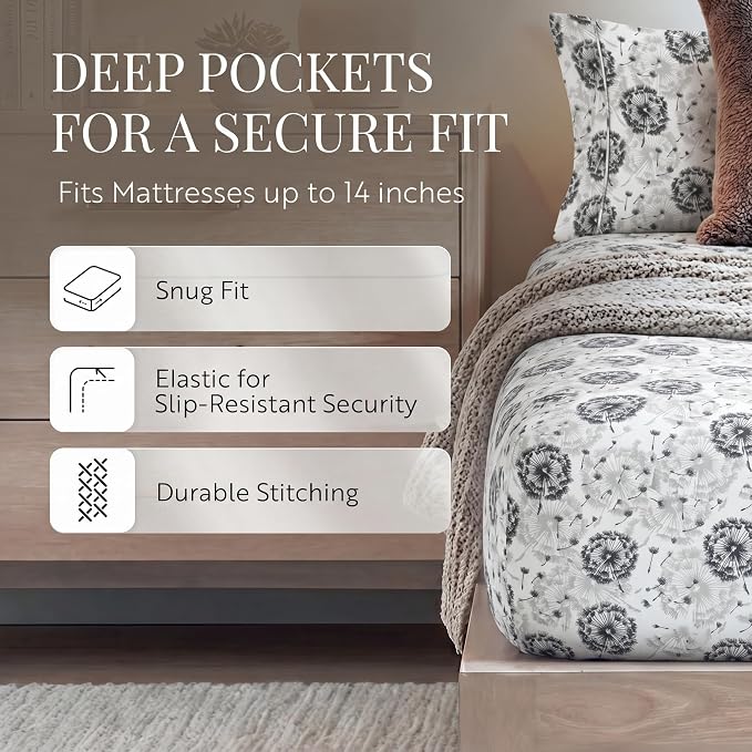 Linen Market 4 Piece King Sheet Set - Breathable, Double-Brushed Patterned Cooling Sheets – Oeko-TEX Certified Ultra Soft & Wrinkle-Free 16" Deep-Pocket King Sheets - Easy Care Make a Wish Light Gray