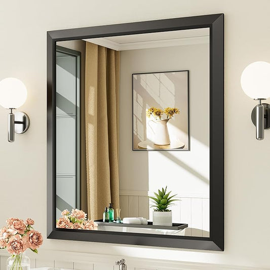 Black Metal Framed Bathroom Wall Mirror, 36x32 Inch | Anti-rust, HD tempered glass, for bathroom vanity, bedroom, living room, horizontal or vertical mount