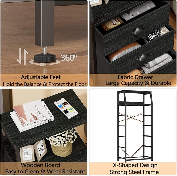 Furnulem Black Dresser for Bedroom, Fabric Dorm Tall Nightstand | 5 Drawers Chests of drawers, Closet Organizer, Bedside Table Furniture for Living Room, Sturdy Steel Frame, Wood Top