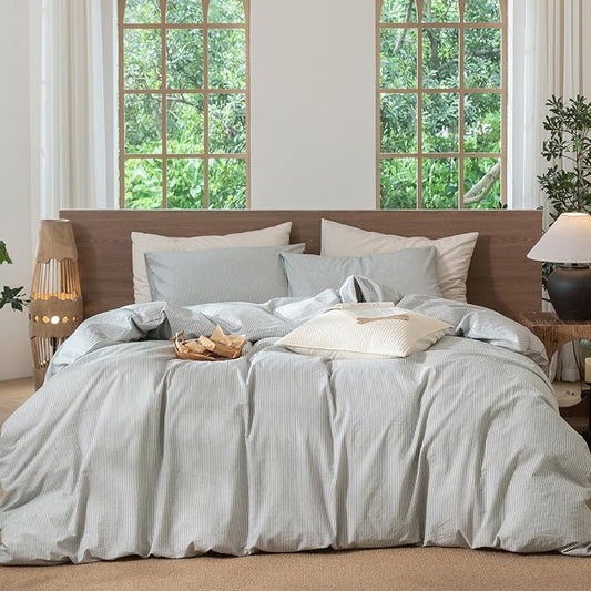MooMee Striped Duvet Cover Set 100% Washed Cotton Linen Like Oversized King | Relaxed Linen-like Texture. Soft, Breathable & Long-lasting Comfort. Lightweight. Hidden Zipper with 8 Interior Corner Ties