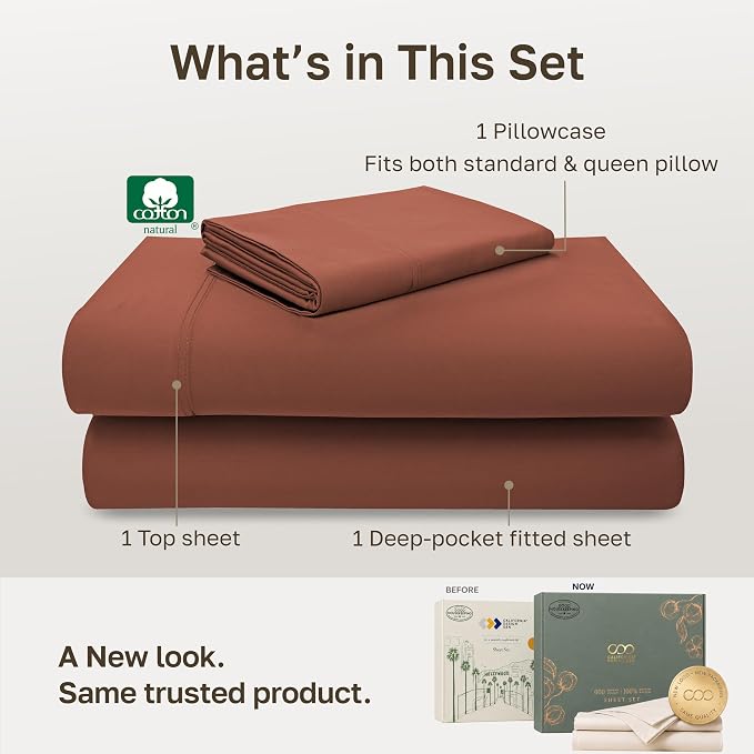 California Design Den 600 Thread Count Extra Long Twin Sheets Set, 3 Pcs | 100% Cotton Sateen Backed by Good Housekeeping Seal, Soft & Smooth, All-Around Elastic, Durable, Easy Care - Rust