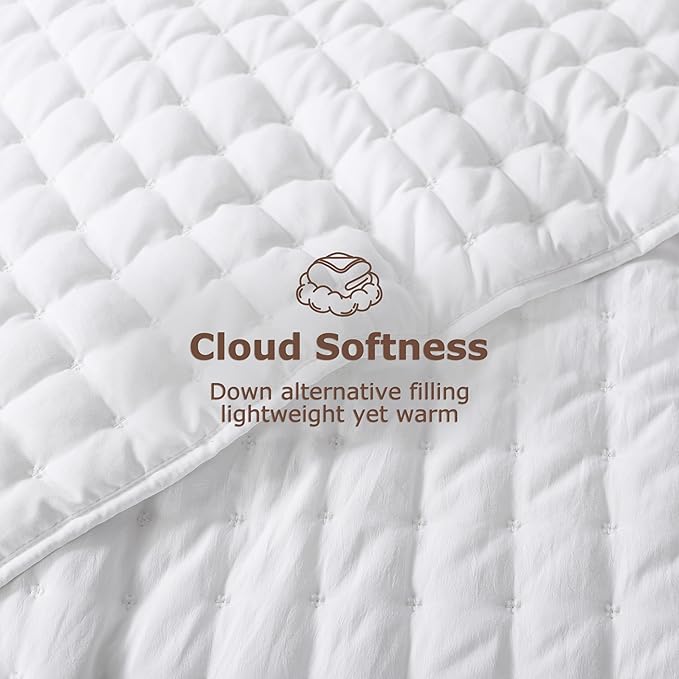 WDCOZY White Cloud Quilt Set Queen Size, Lightweight Soft Cross Stitch Bedspread, Farmhouse Rustic Country Coverlet, Spring Summer Thin Comforter, 3 Pieces, 2 Pillow Shams, 90x90 inches