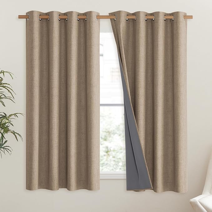 NICETOWN Burlap Blackout Curtains for Dining Room 52" w x 63" L 2 Panels | Room Darkening Vintage Open Linen Weave Flax Thermal Curtains, Soundproof Window Treatment Drapes for Hall Room Home Decor