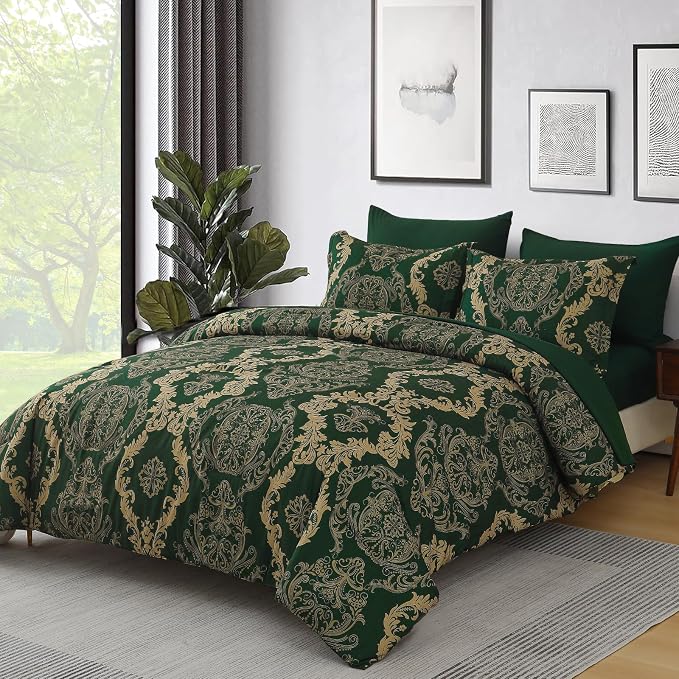 WONGS BEDDING Green Damask King Size Comforter Set, 7 Piece Texture Microfiber Comforter Bedding Set for All Season, Bed in a Bag with Comforter, Flat Sheet, Fitted Sheet, Pillowcases & Shams
