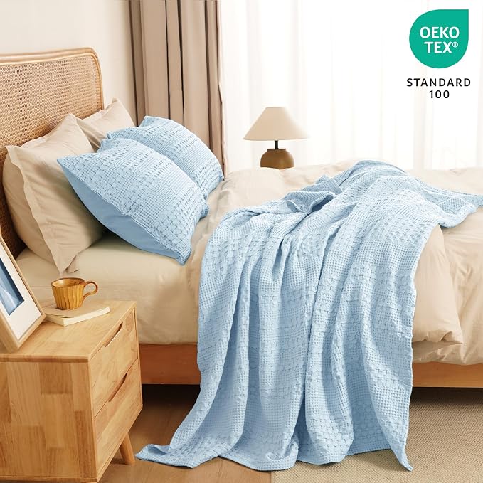 PHF Lightweight 100% Cotton Waffle Throw Blanket for Couch, Baby Blue | Pre-Washed Soft Cotton Comfort, Breathable Layering Warmth for Fall & Winter, Office, Travel, Sofa, Home Decor & Gifts