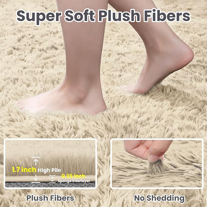 4x6 Fluffy Shag Area Rugs for Living Room Bedroom: Soft Plush Carpet Beige | Upgraded Non-Slip Thick Memory Foam, Ultra Soft, Non-Shedding Fuzzy Carpet, Easy Clean Decor for Kids Room, Nursery, Playroom
