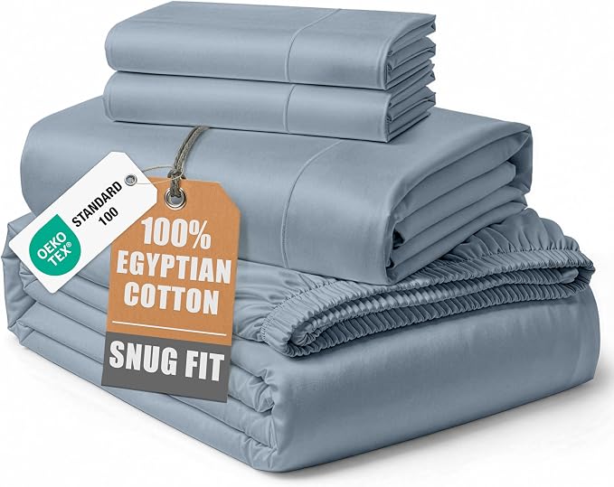 LANE LINEN California King Sheets 100% Egyptian Cotton Sateen - French Blue | Cal King Sheet Set - 4-Piece Set, For A Luxurious Night's Sleep, For Guests And Everyday Use, Guest-Ready Comfort