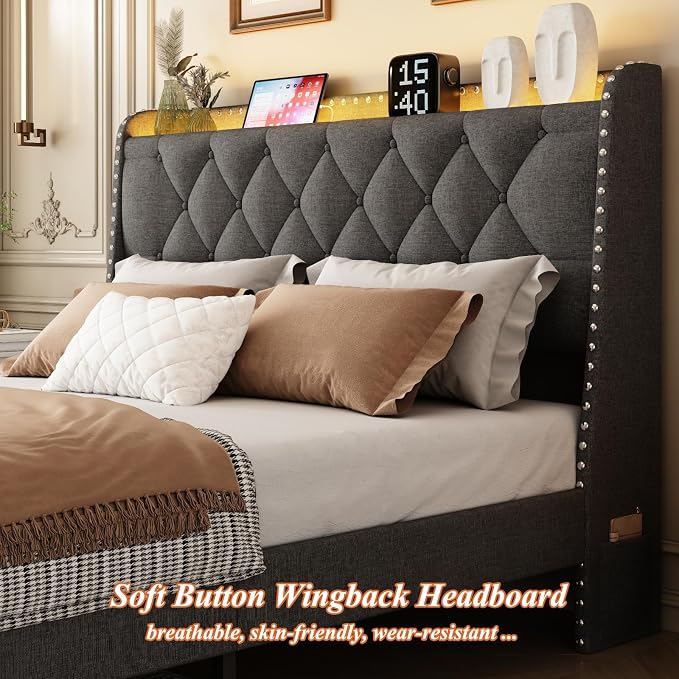 Full Size Bed Frames with Storage Headboard and 2 Drawers, Upholstered Button Linen Platform Bed Frame Full with Led Lights and Charging Station, No Box Spring Needed, Easy Assembly, Noise Free, Gray
