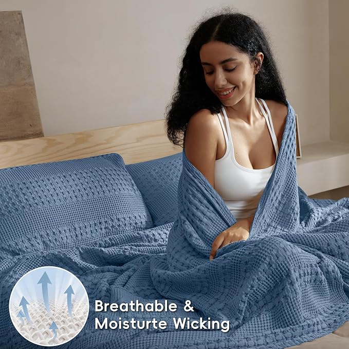 PHF Lightweight 100% Cotton Waffle Throw Blanket for Couch, Denim Blue | Pre-Washed Soft Cotton Comfort, Breathable Layering Warmth for Fall & Winter, Office, Travel, Sofa, Home Decor & Gifts