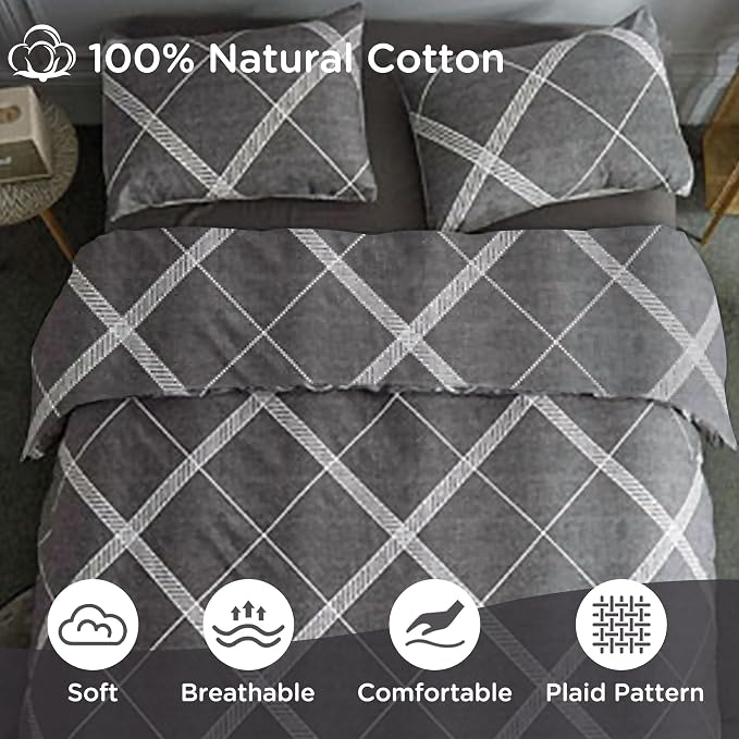 TOCOMOA Plaid Duvet Cover Set 100% Natural Cotton, Grey & White, Queen | Soft, Comfy & Breathable. Printed Bedding Set with Hidden Zipper & 8 Corner Ties. 3PCs, Comforter Not Included