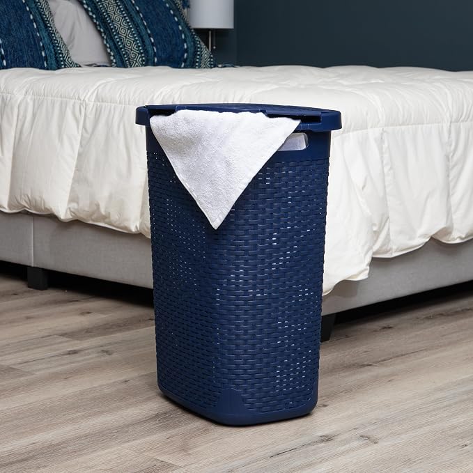 Mind Reader Slim Laundry Hamper with Lid, 60L Tall Clothes Basket, Narrow Tapered Design for Bathrooms, Closets and Laundry Rooms, Plastic, Navy