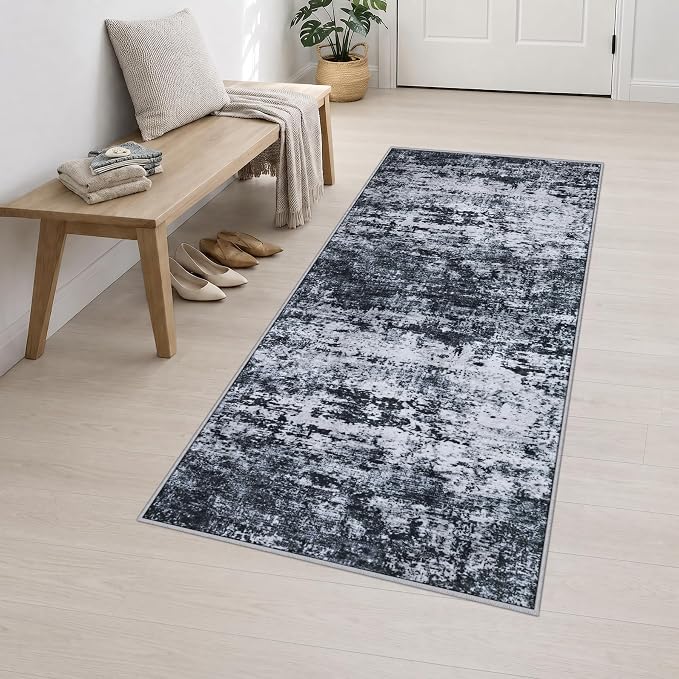 3x8 Washable Runner Rug：Modern Abstract Kitchen Carpet Black | For Hallway, Bedroom, Kitchen, Laundry, Bathroom,Door Mat,Modern Abstract,Machine washable,Non-Slip,Stain Resistant,Indoor