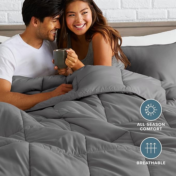 Bare Home Comforter Set - 1800 Ultra Soft (Oversized Queen, Grey) | All-Season, Breathable, Hypoallergenic, Premium 1800, Warm, Cozy