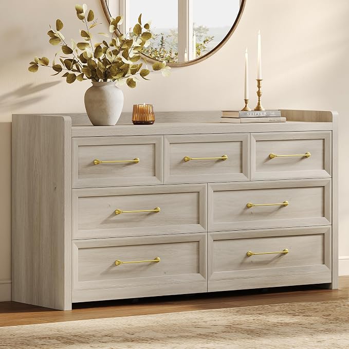 SICOTAS Dresser for Bedroom with 7 Drawers, 56.5" Wide Large Modern Dresser | Chest of Drawers for Living Room, Closet Clothes Storage Organizer Smooth Sliding Drawers, Grey White Oak